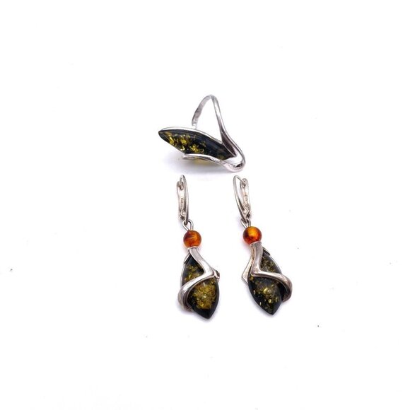 925 Sterling Baltic Honey Amber Dangle Drop Earrings & Ring Set Size 6